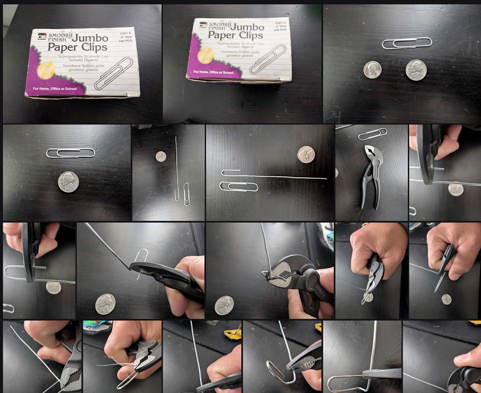 Jumbo paper clips box, quarter for scale, unfolding and straightening the paper clip wire with pliers