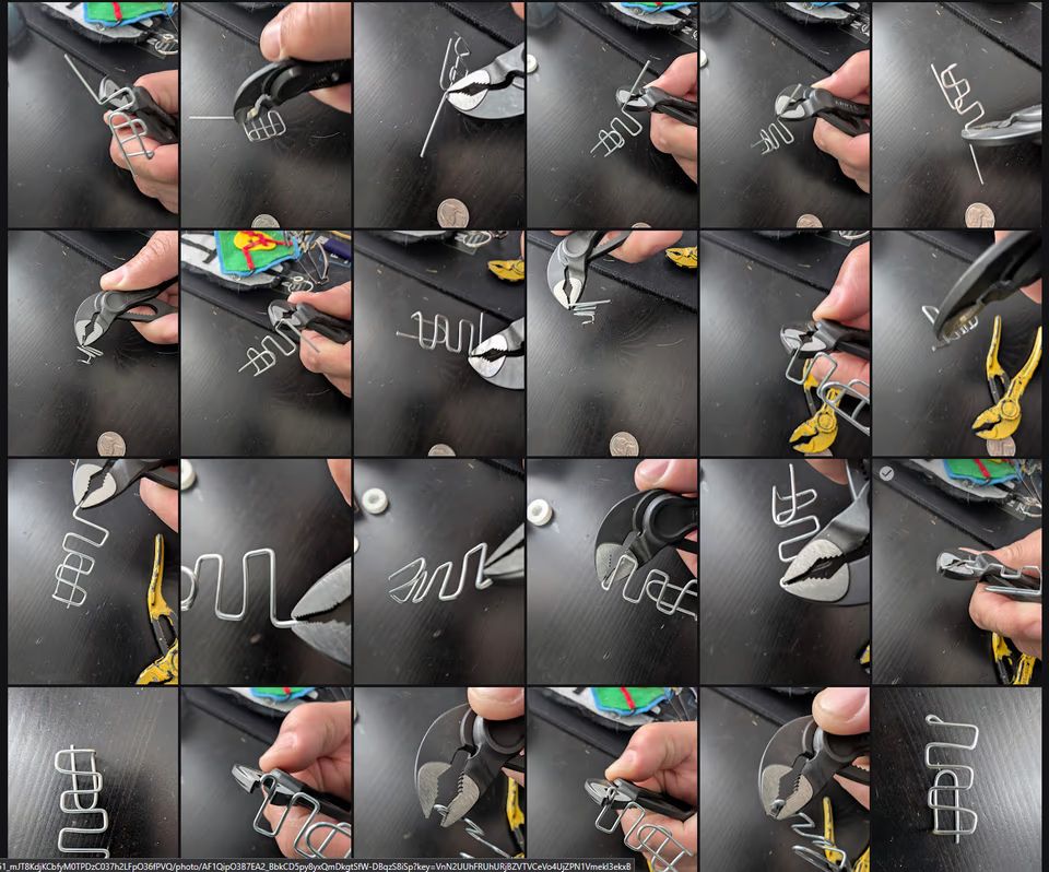 Refining the paper clip into a tight zigzag descender shape, multiple examples shown